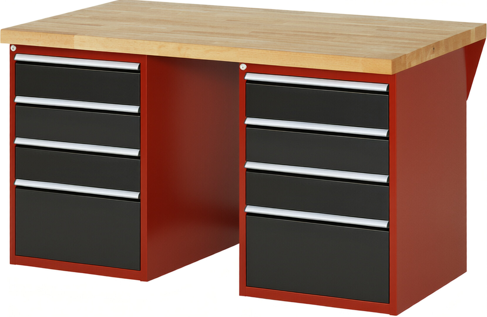 Werkbank Modell 7510 rot - schwarz, BxTxH 1500x900x890 mm,  Buche-Massiv Arbeitsplatte 40 mm,  8 Schubladen mit  Auszug 90 %