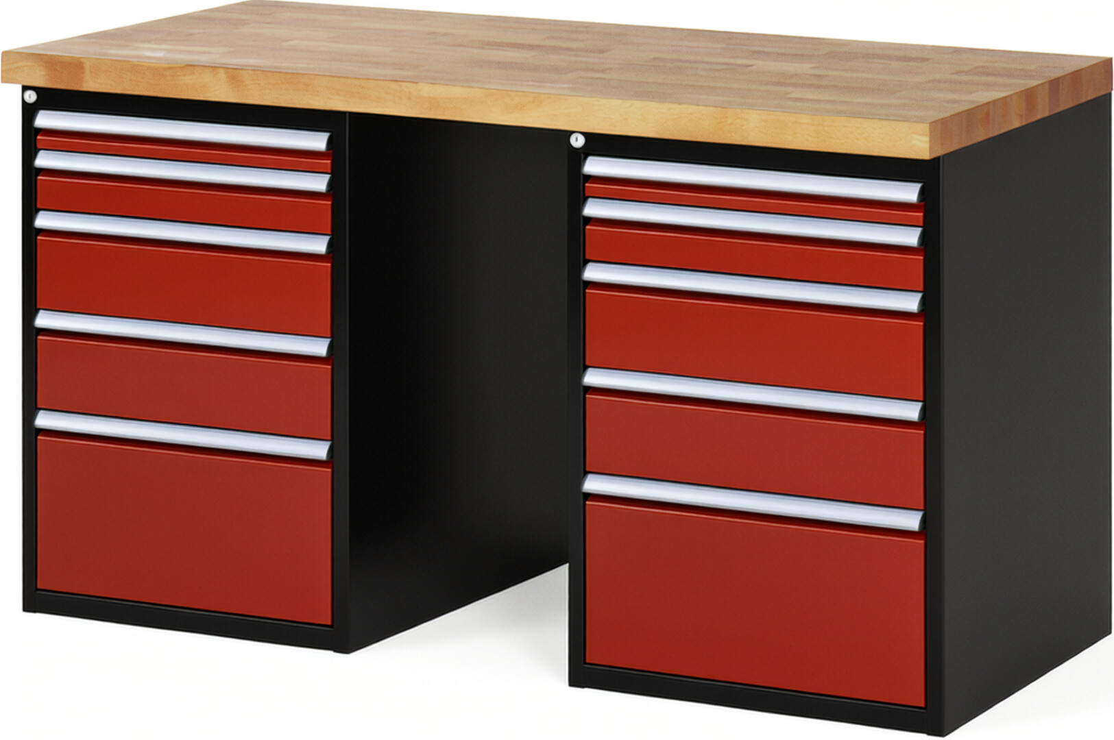 RAU Werkbank schwarz - rot - Breite 150 cm - Tiefe 70 cm - Höhe 89 cm - Buche-Massiv Arbeitsplatte 40 mm