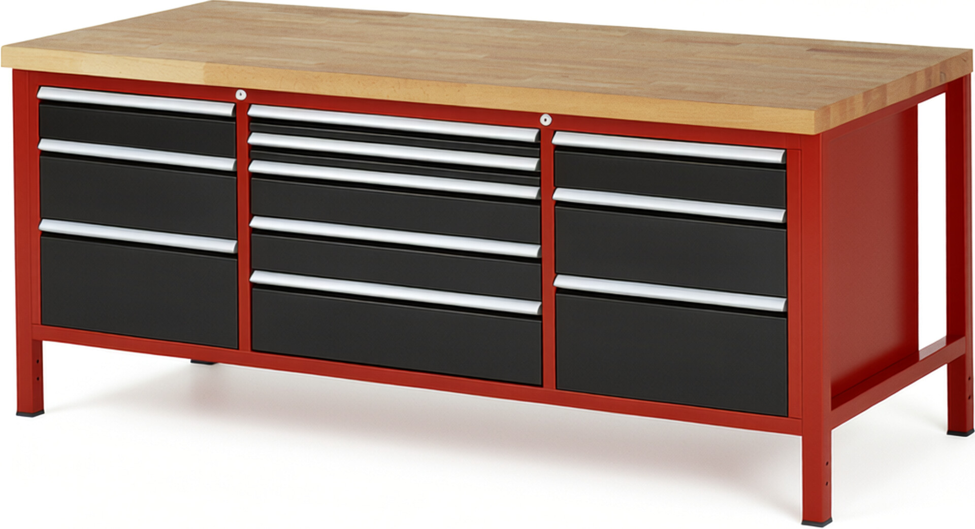 Werkbank Modell 8758 rot - schwarz, BxTxH 2000x900x840 mm,  Buche-Massiv Arbeitsplatte 40 mm,  11 Schubladen mit  Auszug 90 %