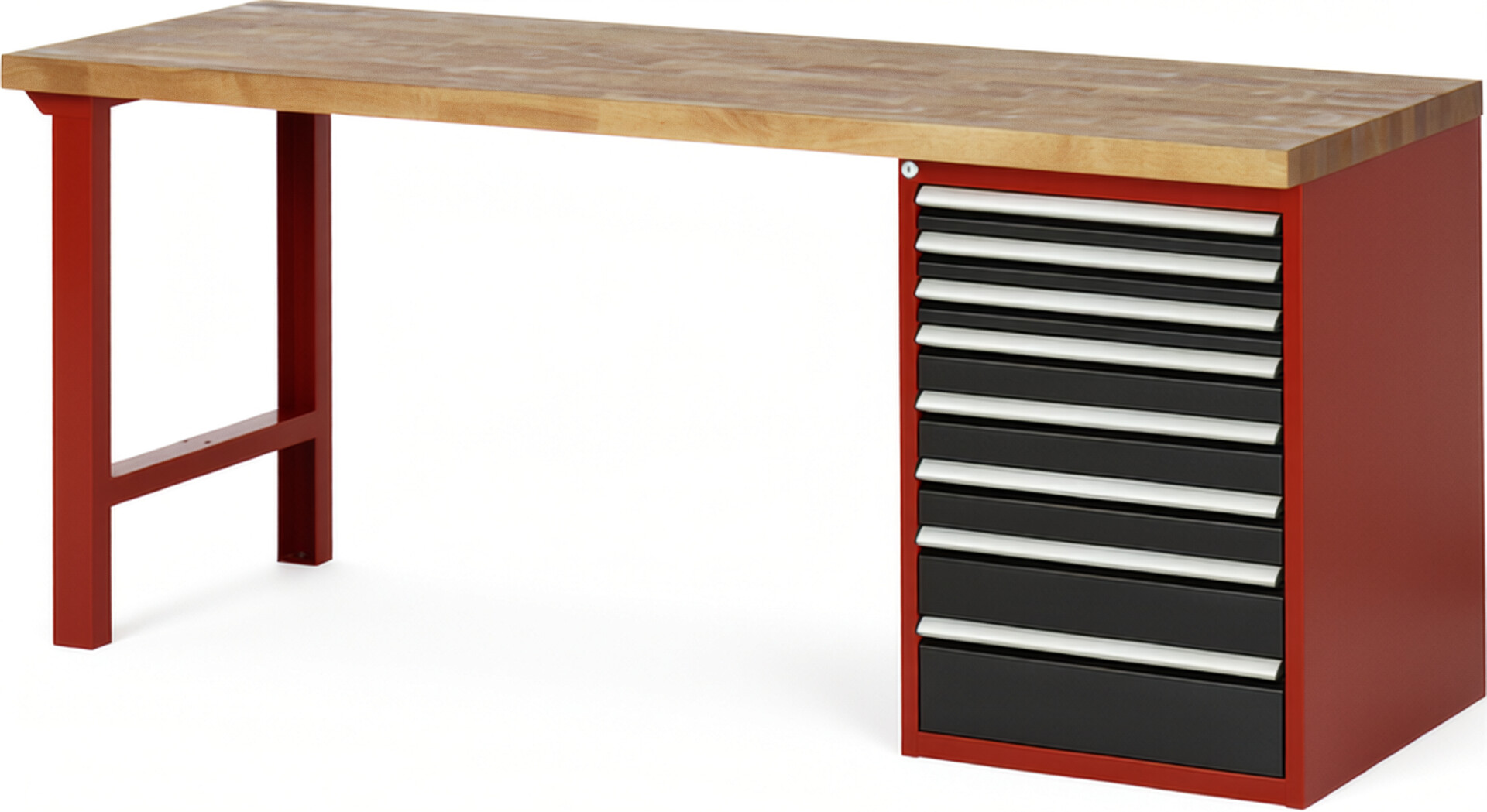 Werkbank Modell 7519 rot - schwarz, BxTxH 2000x700x890 mm,  Buche-Massiv Arbeitsplatte 40 mm,  8 Schubladen mit  Vollauszug 100 % und  SoftClosing