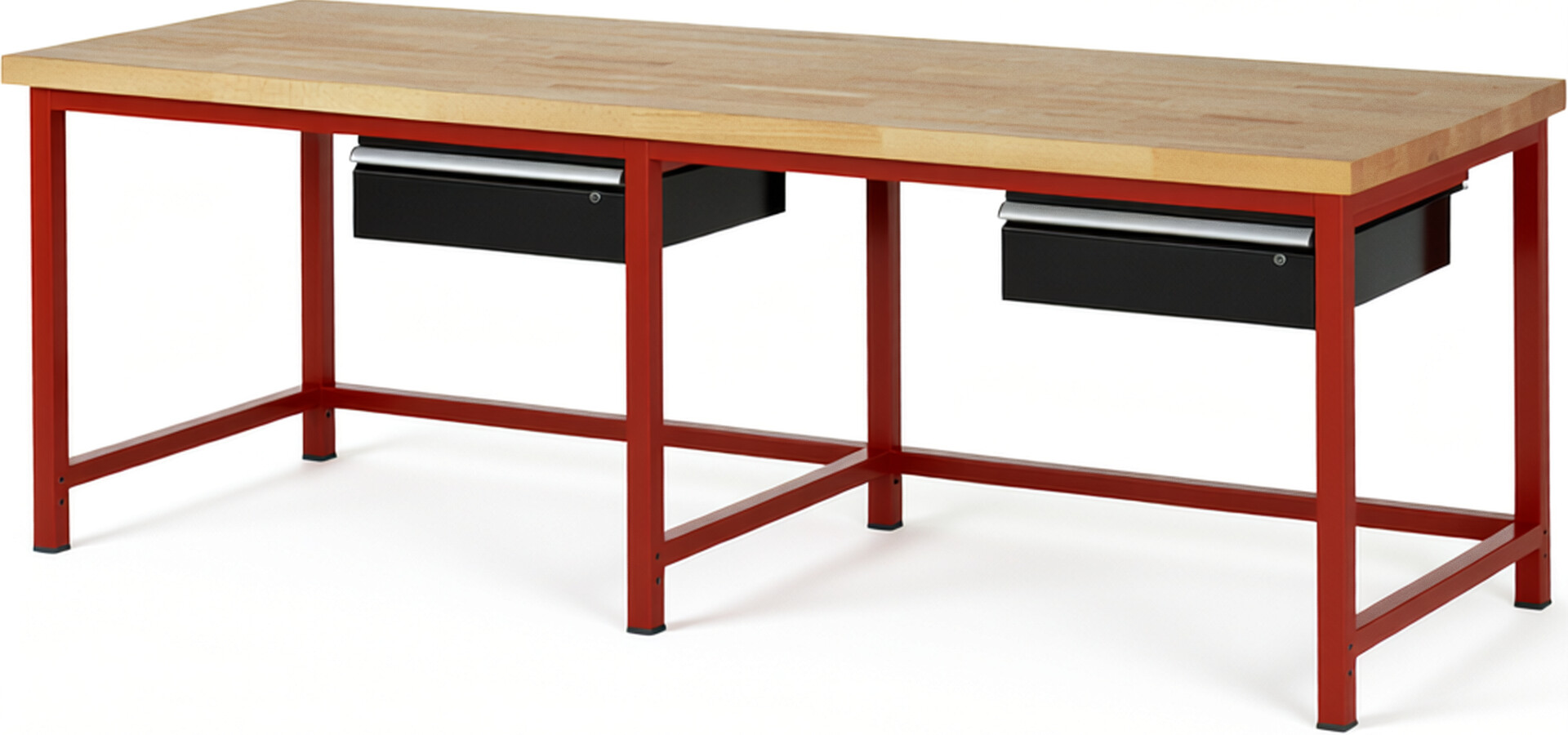 Werkbank Modell 8001 rot - schwarz, BxTxH 2500x900x840 mm,  Buche-Massiv Arbeitsplatte 40 mm,  2 Schubladen mit  Auszug 90 %