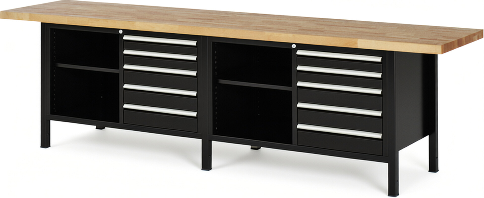 Werkbank Modell 8464 schwarz, BxTxH 3000x700x840-1040 mm,  Buche-Massiv Arbeitsplatte 40 mm,  10 Schubladen mit  Vollauszug 100 % und  SoftClosing