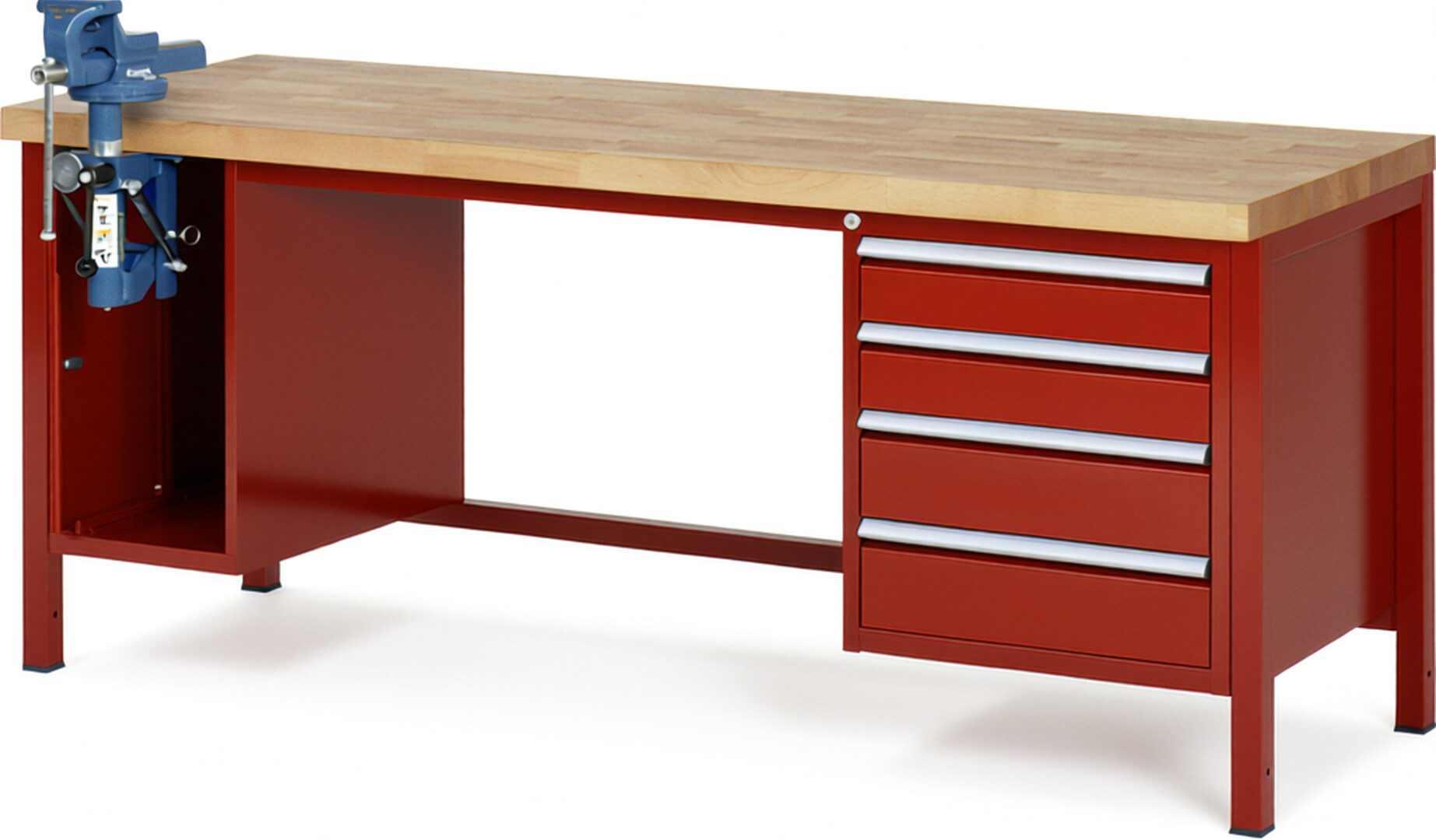 Werkbank Modell 8185 rot, BxTxH 2000x700x840-1040 mm,  Buche-Massiv Arbeitsplatte 40 mm,  4 Schubladen mit  Auszug 90 %