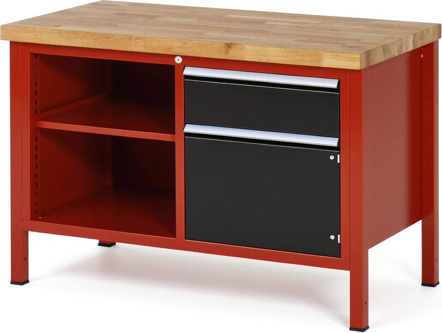 Werkbank Modell 8461 rot - schwarz, BxTxH 1250x700x840 mm,  Buche-Massiv Arbeitsplatte 40 mm,  1 Schublade mit  Vollauszug 100 % und  SoftClosing
