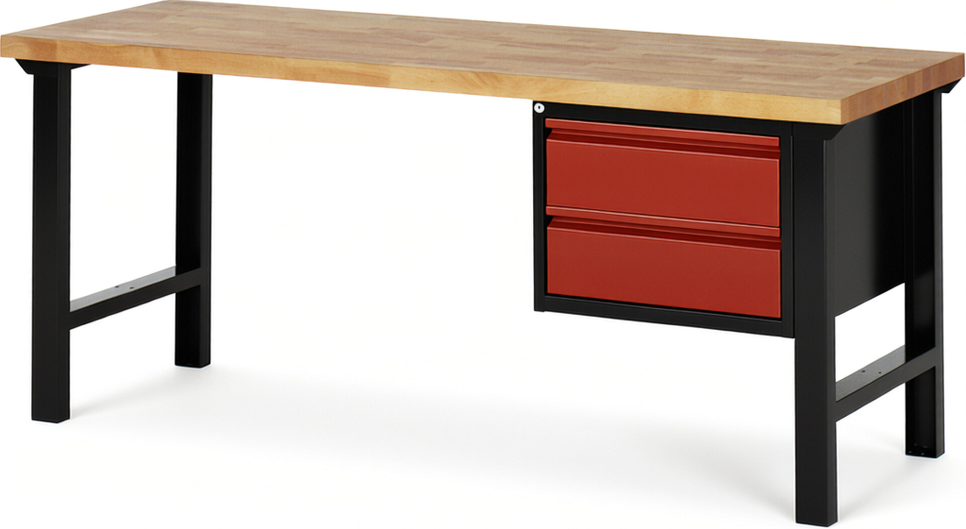 Werkbank schwarz-rot, BxTxH 2000x700x840 mm, Platte Buche 40 mm, 2 Schubladen 180 mm, RAL 9011/3000