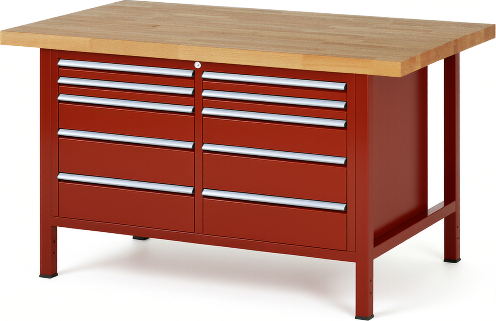 Werkbank Modell 8480 rot, BxTxH 1500x900x840 mm,  Buche-Massiv Arbeitsplatte 40 mm,  10 Schubladen mit  Vollauszug 100 % und  SoftClosing
