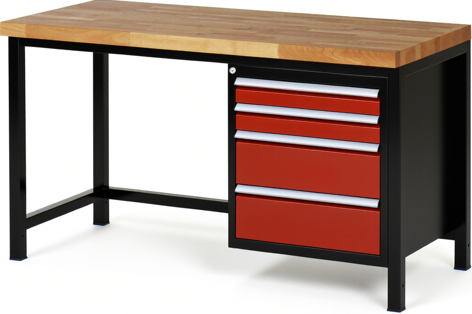 RAU Werkbank schwarz - rot - Breite 150 cm - Tiefe 70 cm - Höhe 104 cm - Buche-Massiv Arbeitsplatte 40 mm