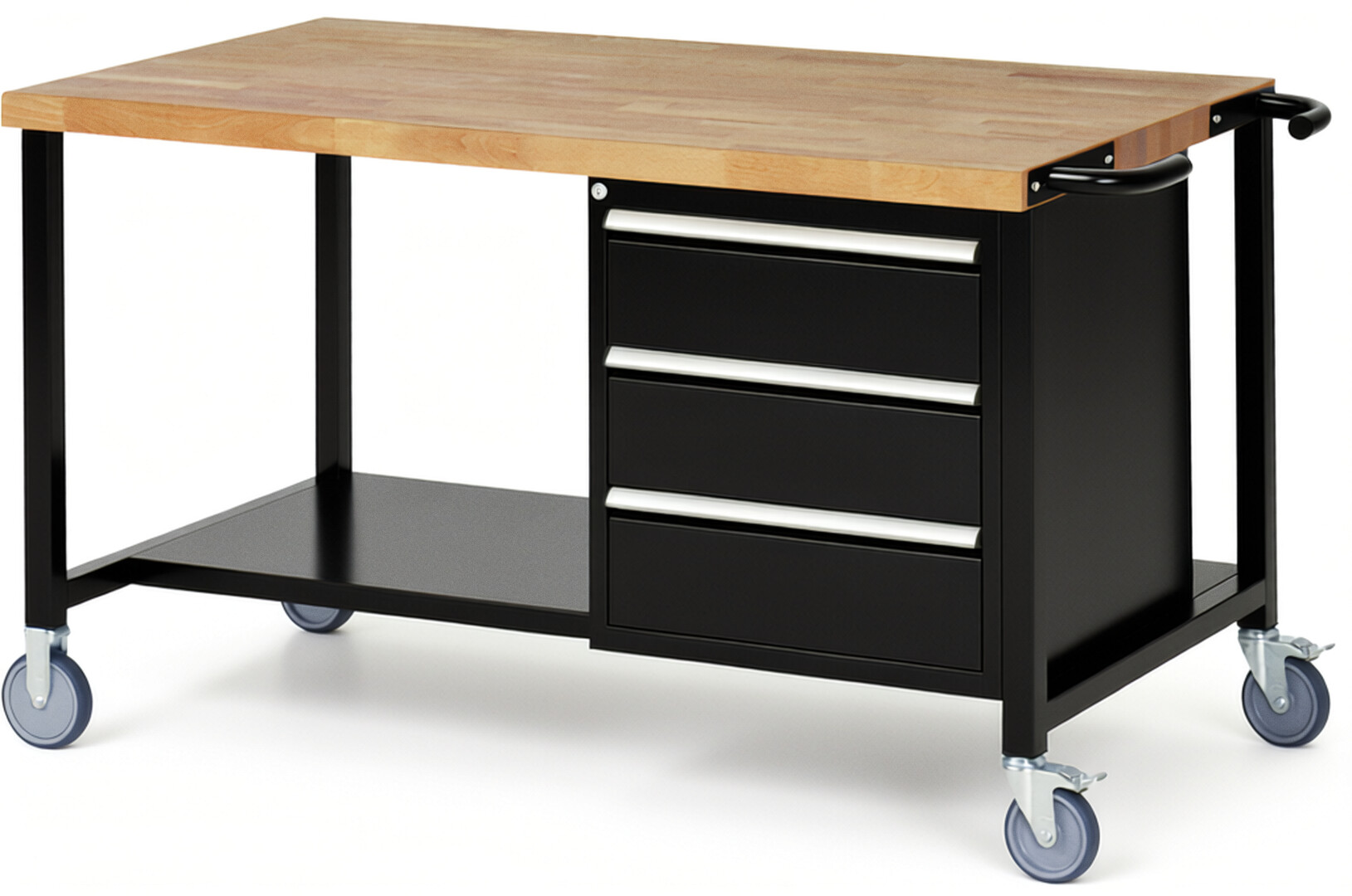Fahrbare Werkbank Modell 8157 schwarz, BxTxH 1500x900x880 mm,  Buche-Massiv Arbeitsplatte 40 mm,  3 Schubladen mit  Auszug 90 %