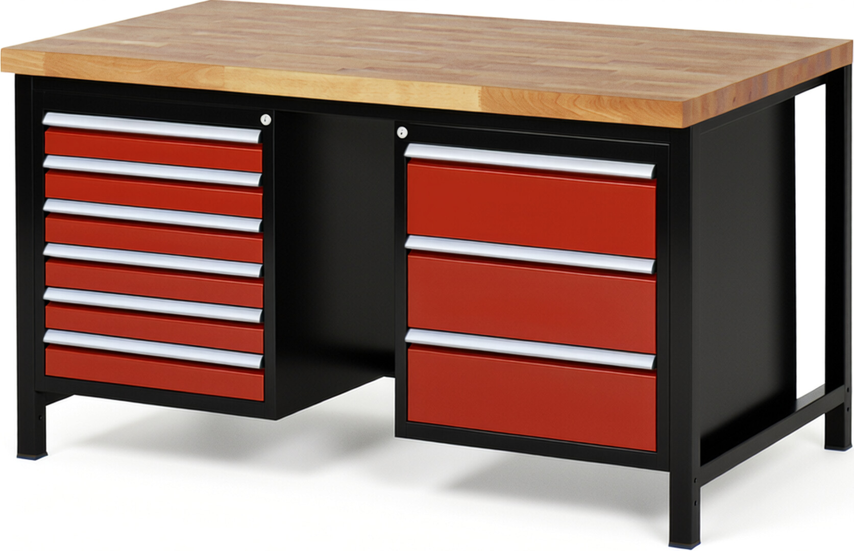 RAU Werkbank schwarz - rot - Breite 150 cm - Tiefe 90 cm - Höhe 104 cm - Buche-Massiv Arbeitsplatte 40 mm