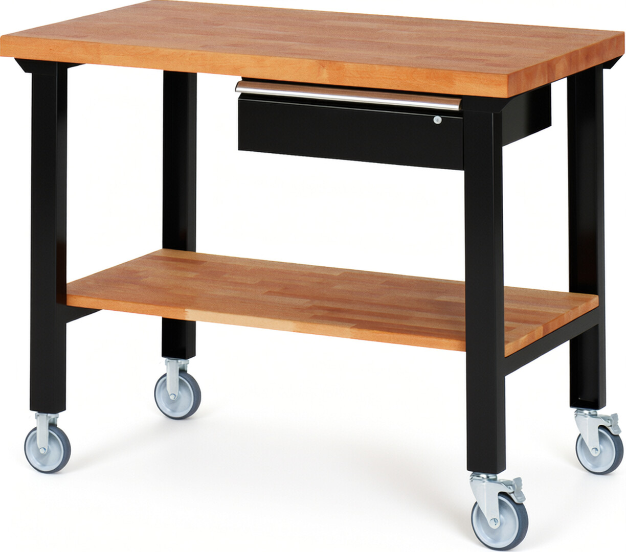 Fahrbare Werkbank Modell 7001 schwarz, BxTxH 1250x700x1000 mm,  Buche-Massiv Arbeitsplatte 40 mm,  1 Schublade mit  Auszug 90 %