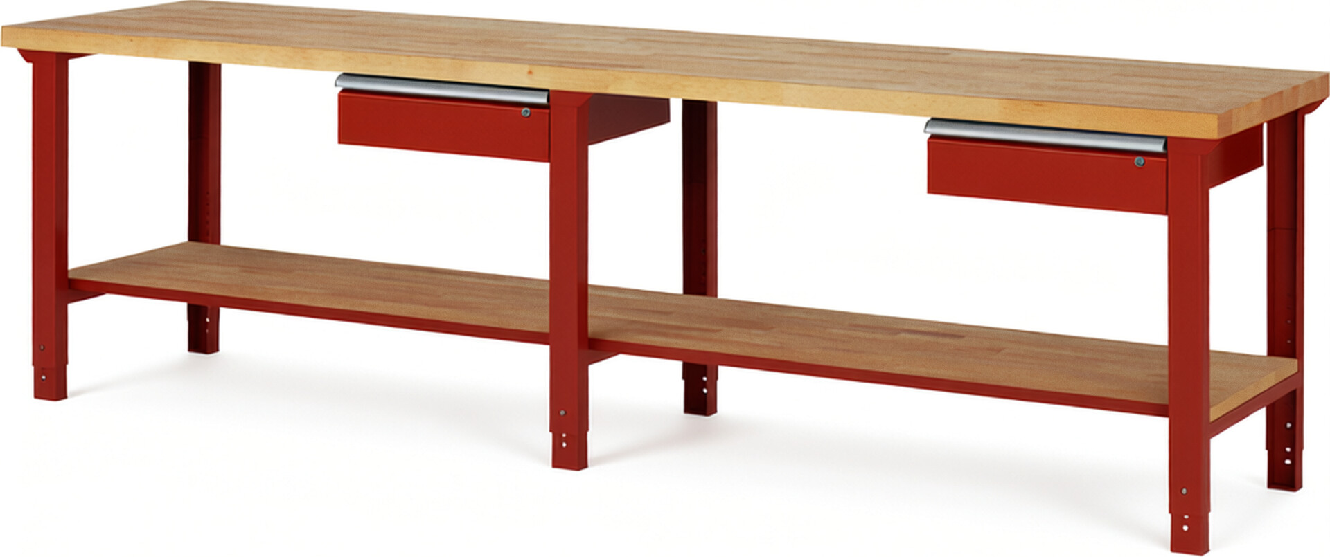 Werkbank Modell 7001 rot, BxTxH 3000x700x790-1140 mm,  Buche-Massiv Arbeitsplatte 40 mm,  2 Schubladen mit  Auszug 90 %