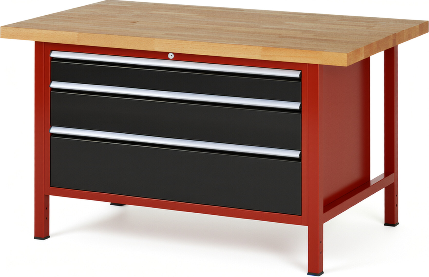Werkbank Modell 8359 rot - schwarz, BxTxH 1500x900x840-1040 mm,  Buche-Massiv Arbeitsplatte 40 mm,  3 Schubladen mit  Auszug 90 %