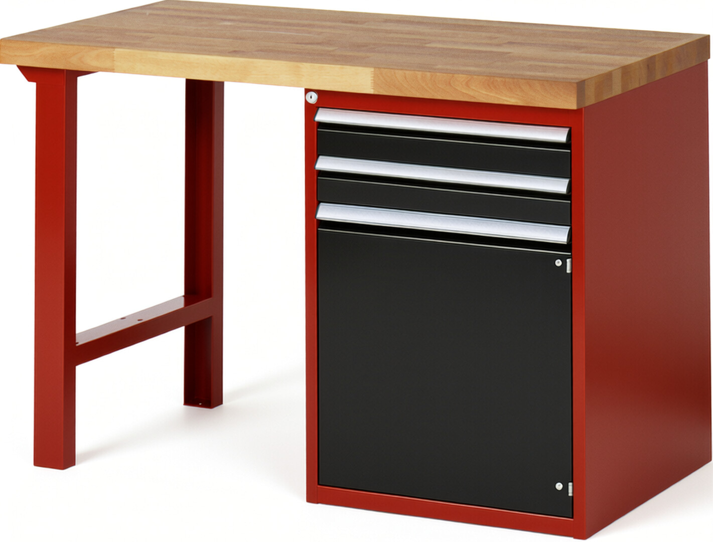 Werkbank Modell 7503 rot - schwarz, BxTxH 1250x700x890 mm,  Buche-Massiv Arbeitsplatte 40 mm,  2 Schubladen mit  Auszug 90 %