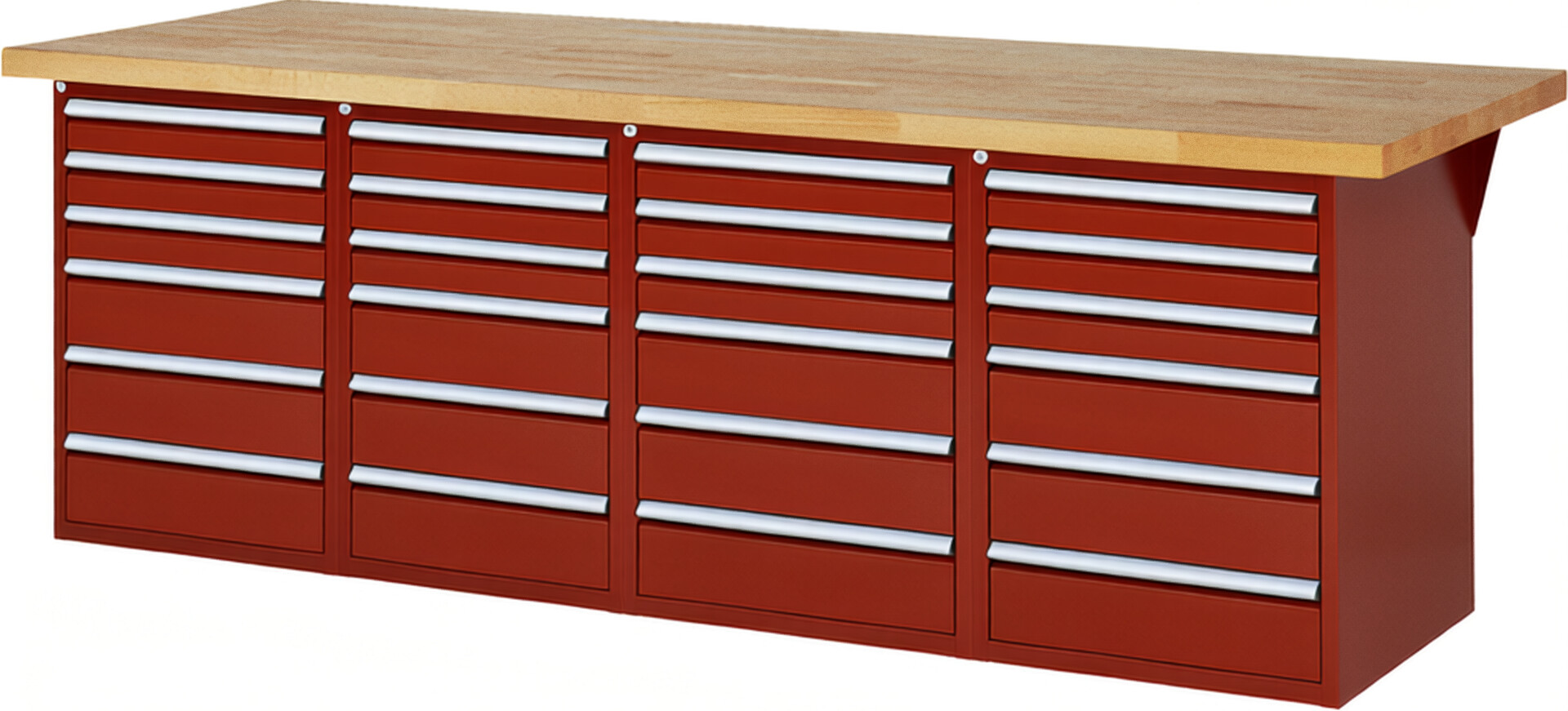 Werkbank Modell 7515 rot, BxTxH 2500x900x890 mm,  Buche-Massiv Arbeitsplatte 40 mm,  24 Schubladen mit  Auszug 90 %
