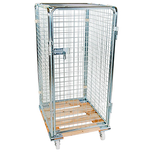 Rollbox mit Drahtgitterwänden, 5-seitig (1 Tür), Nutzhöhe 1350 mm, BxTxH 810x720x1500 mm, Bodenplatte aus Holz, natur