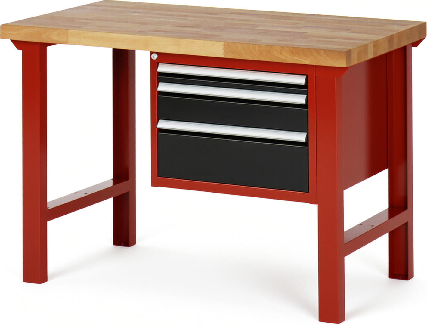 Werkbank Modell 7126 rot - schwarz, BxTxH 1250x700x840 mm,  Buche-Massiv Arbeitsplatte 40 mm,  3 Schubladen mit  Vollauszug 100 % und  SoftClosing
