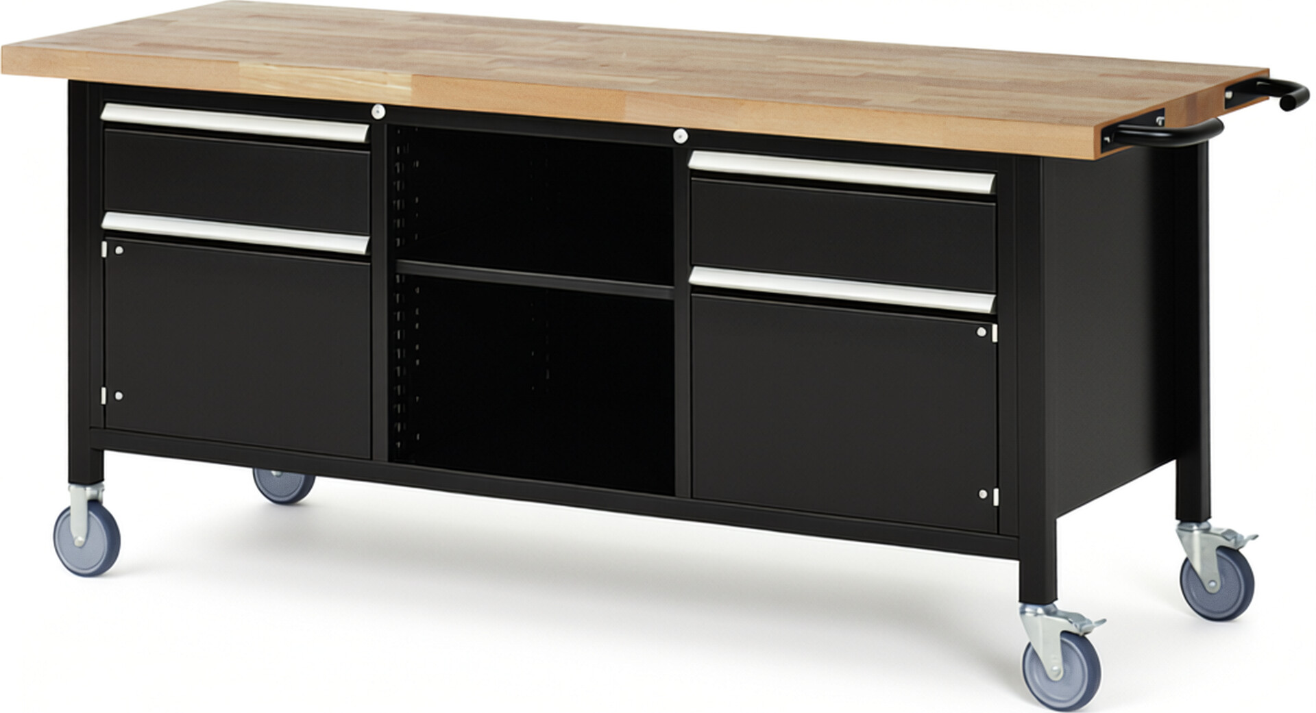 Fahrbare Werkbank Modell 8561 schwarz, BxTxH 2000x700x880 mm,  Buche-Massiv Arbeitsplatte 40 mm,  2 Schubladen mit  Auszug 90 %