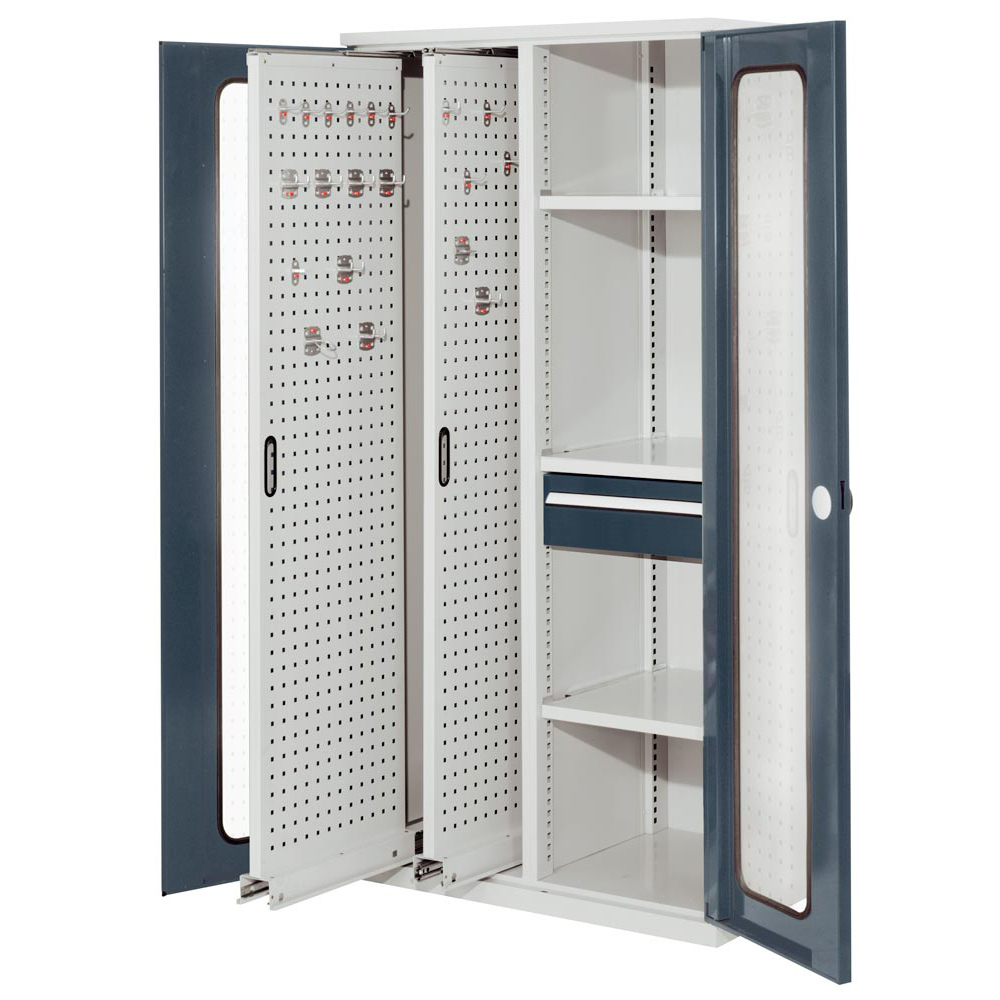 Auszugschrank - Schwerlastschrank, Sichtfenstertüren,BxTxH 1000x600x1950 mm, 7035 / 7016, Anzahl Böden 2 Stk