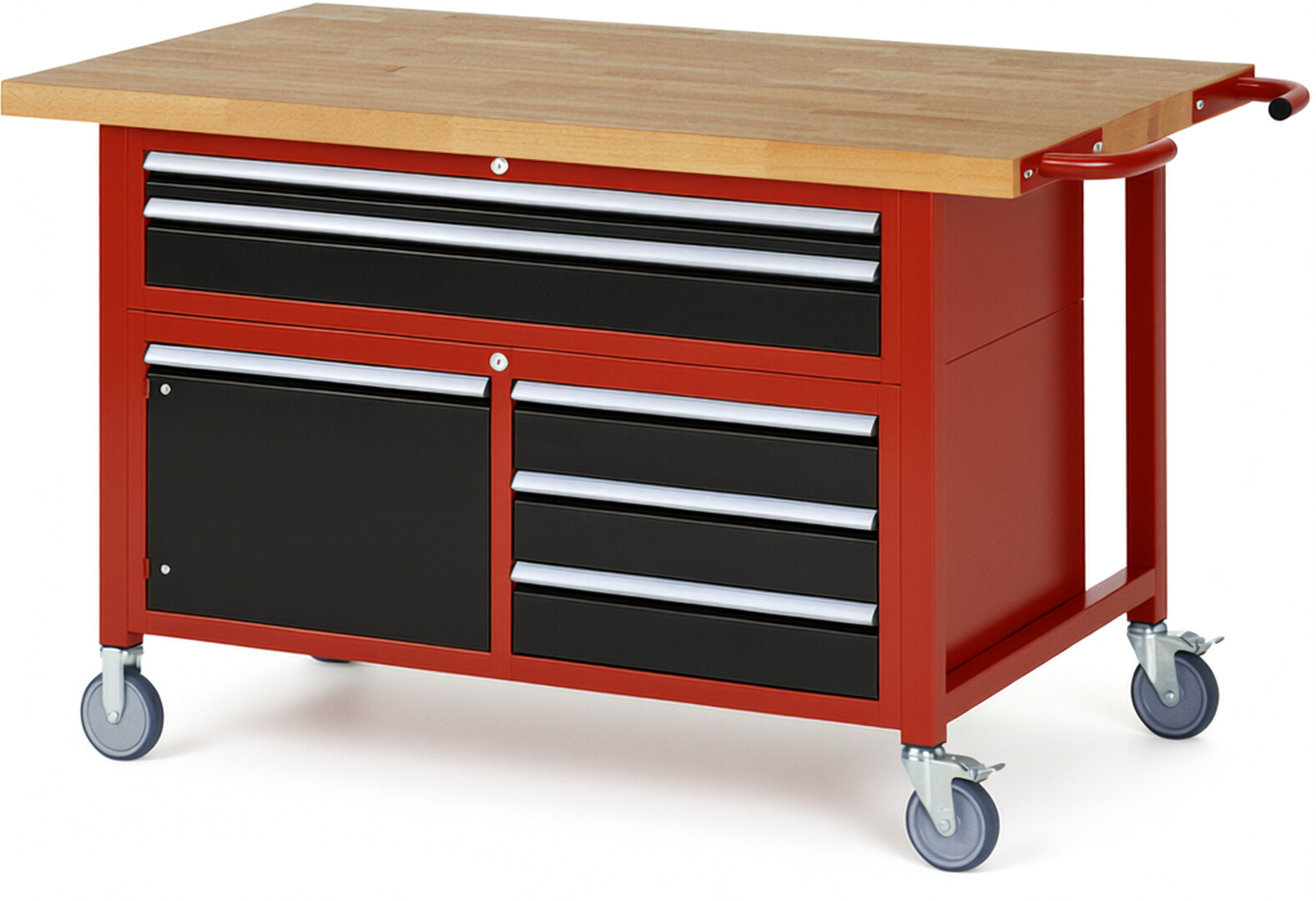 Fahrbare Werkbank Modell 8922 rot - schwarz, BxTxH 1500x900x920 mm,  Buche-Massiv Arbeitsplatte 40 mm,  5 Schubladen mit  Vollauszug 100 % und  SoftClosing