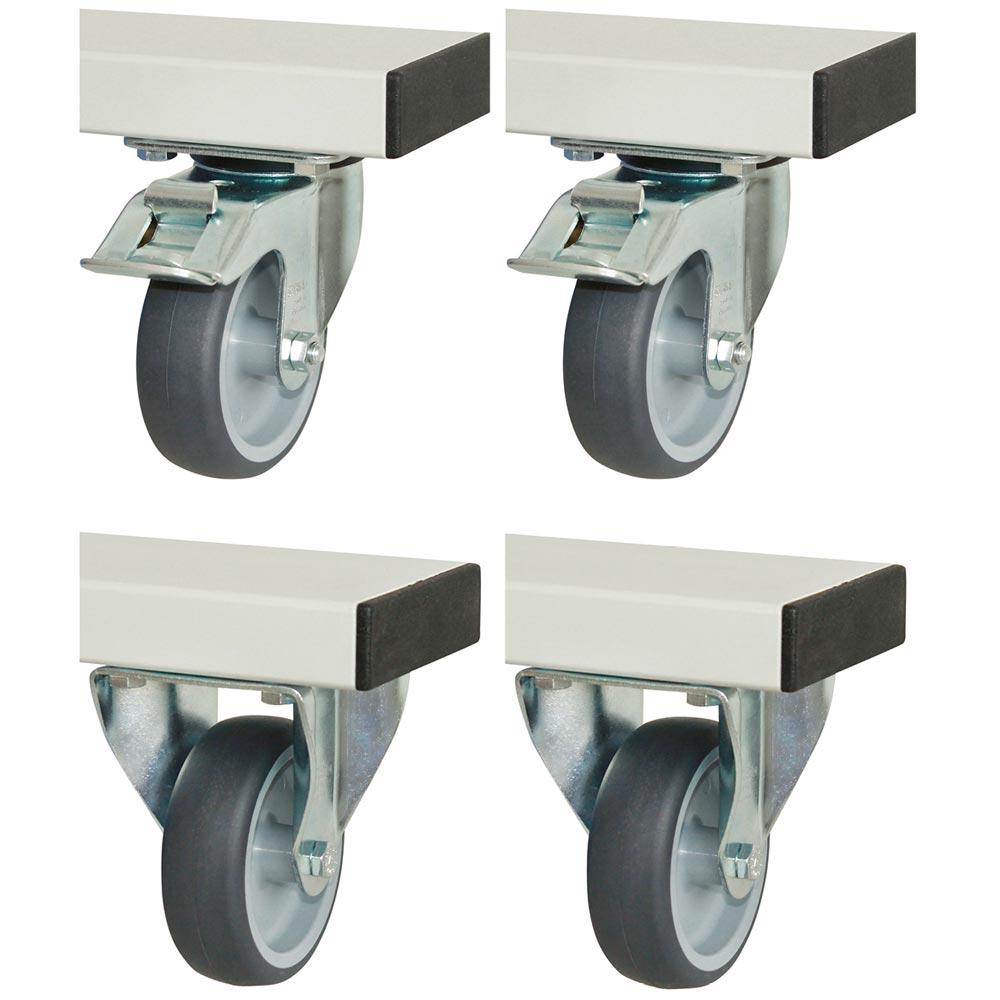 Rollensatz Arbeitstische zu elektr. Höhenverst. Arbeitstische, 2 Bock-und 2 Lenkrollen mit Feststeller, Flächenlast 300 kg