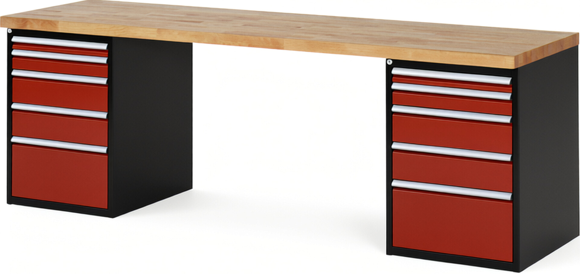 RAU Werkbank schwarz - rot - Breite 250 cm - Tiefe 70 cm - Höhe 89 cm - Buche-Massiv Arbeitsplatte 40 mm