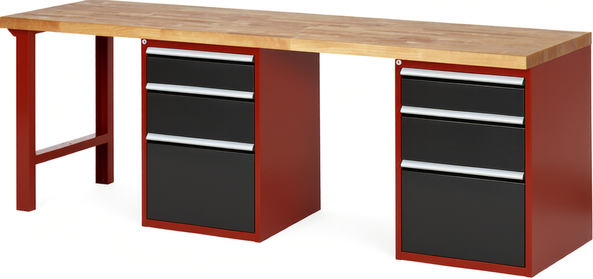 Werkbank Modell 7508 rot - schwarz, BxTxH 2500x700x890 mm,  Buche-Massiv Arbeitsplatte 40 mm,  6 Schubladen mit  Vollauszug 100 % und  SoftClosing