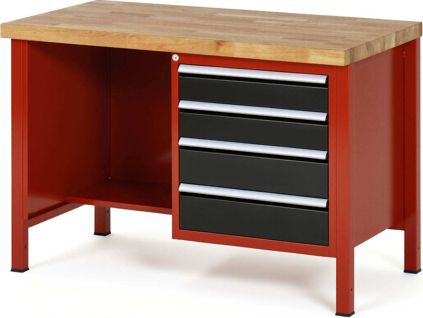 Werkbank Modell 8453 rot - schwarz, BxTxH 1250x700x840 mm,  Buche-Massiv Arbeitsplatte 40 mm,  4 Schubladen mit  Vollauszug 100 % und  SoftClosing