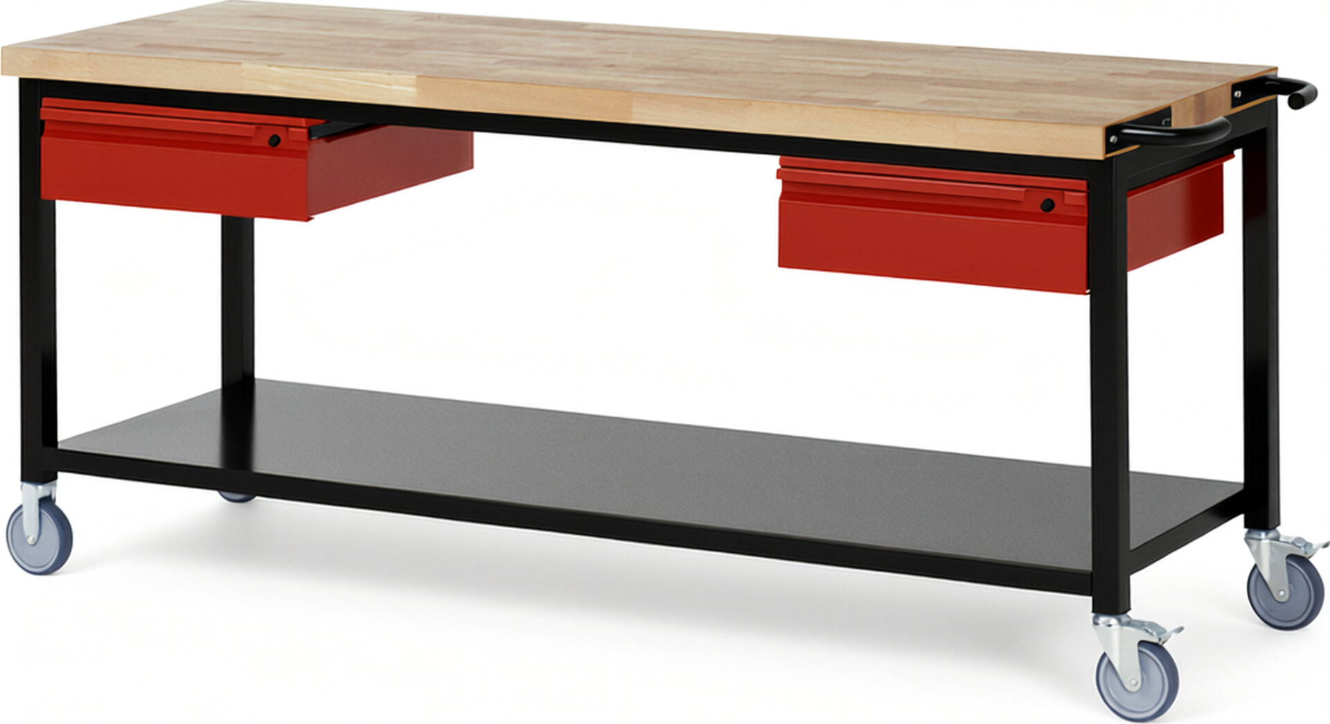 RAU Werkbank schwarz - rot - Breite 200 cm - Tiefe 70 cm - Höhe 88 cm - Buche-Massiv Arbeitsplatte 40 mm