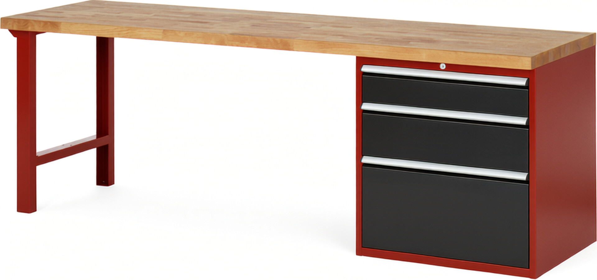 Werkbank Modell 7608 rot - schwarz, BxTxH 2500x700x890 mm,  Buche-Massiv Arbeitsplatte 40 mm,  3 Schubladen mit  Auszug 90 %