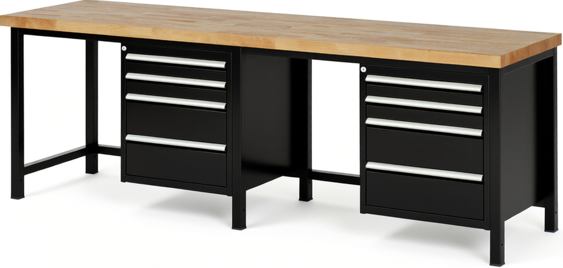 Werkbank Modell 8161 schwarz, BxTxH 2500x700x840 mm,  Buche-Massiv Arbeitsplatte 40 mm,  8 Schubladen mit  Vollauszug 100 % und  SoftClosing