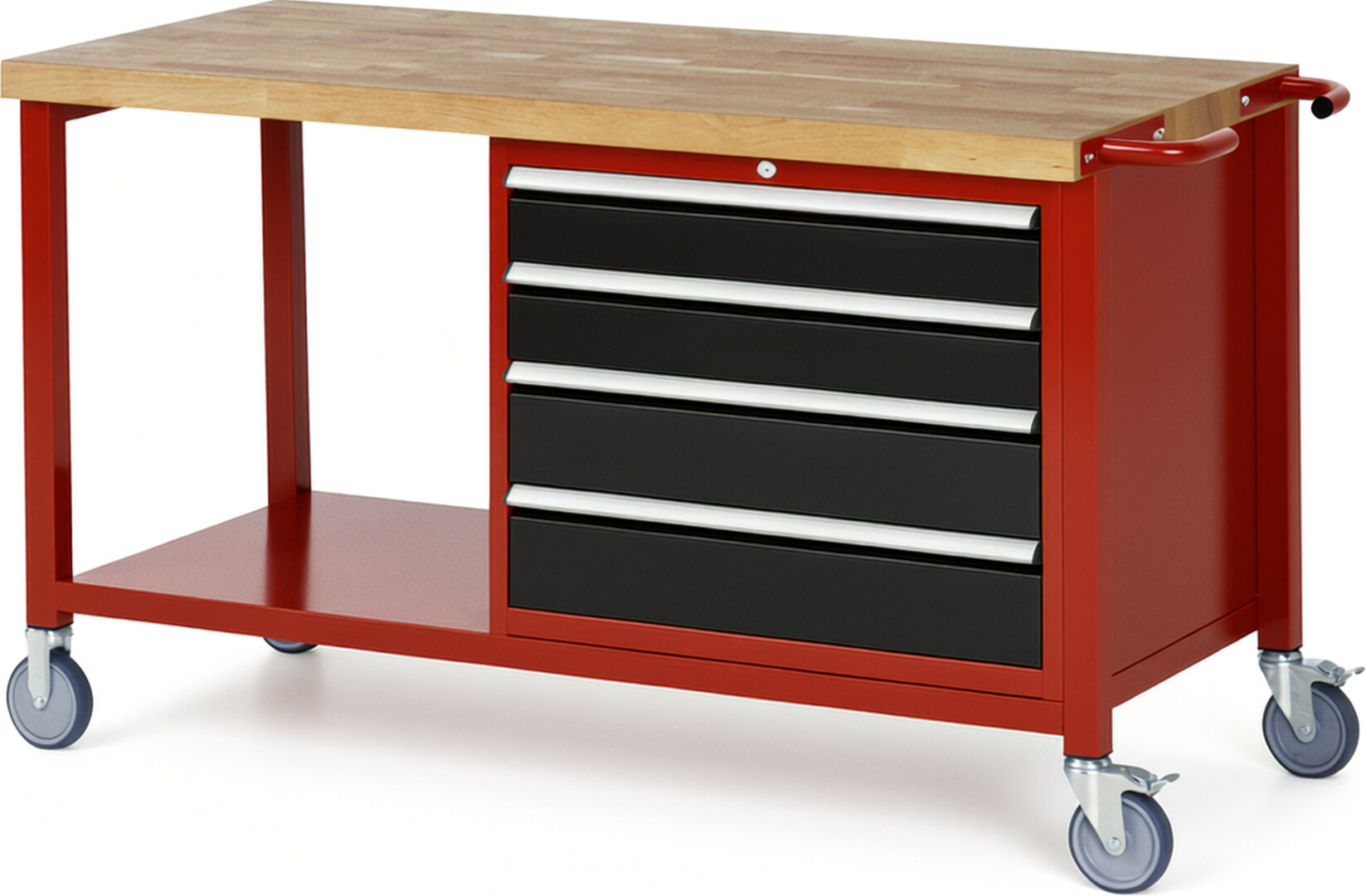 Fahrbare Werkbank Modell 8262 rot - schwarz, BxTxH 1500x700x880-1080 mm,  Buche-Massiv Arbeitsplatte 40 mm,  4 Schubladen mit  Auszug 90 %