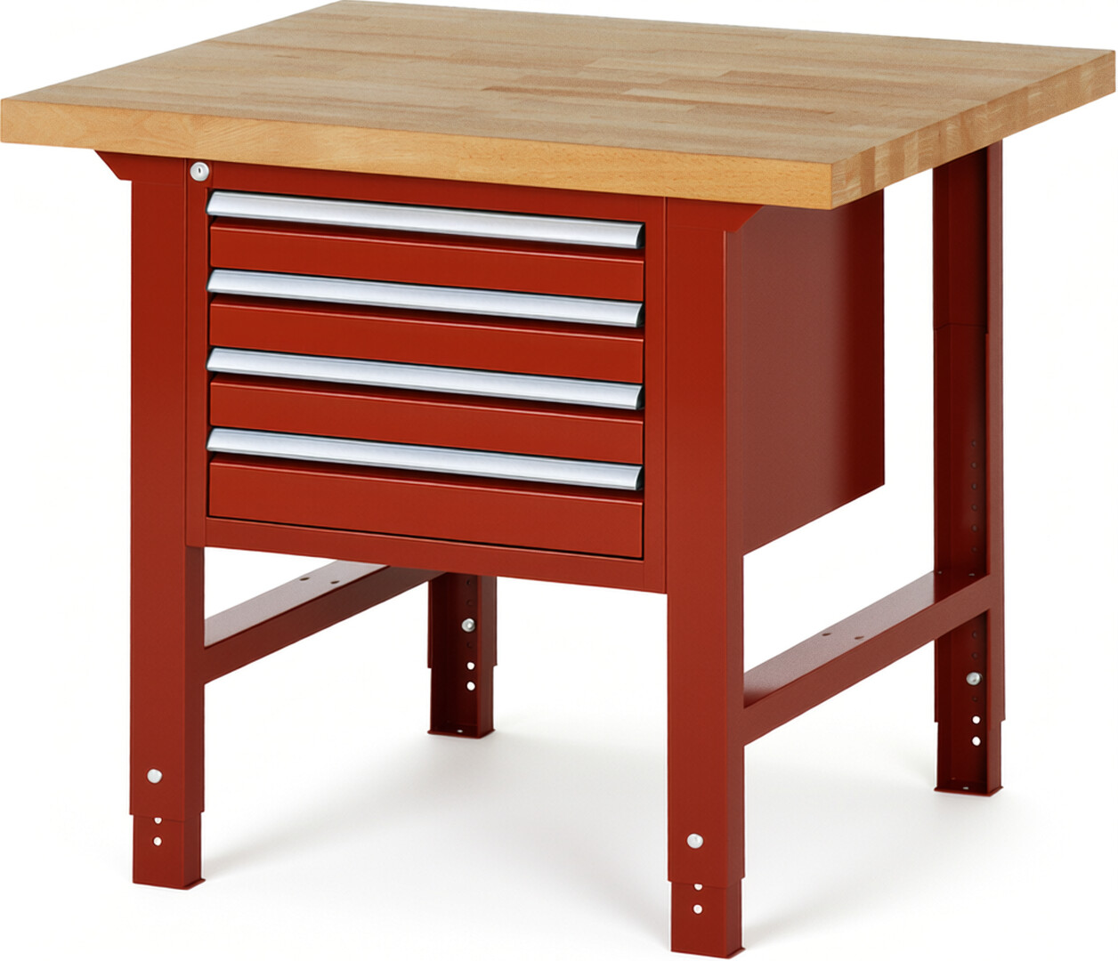 Werkbank Modell 7133 rot, BxTxH 1000x900x790-1140 mm,  Buche-Massiv Arbeitsplatte 40 mm,  4 Schubladen mit  Vollauszug 100 % und  SoftClosing