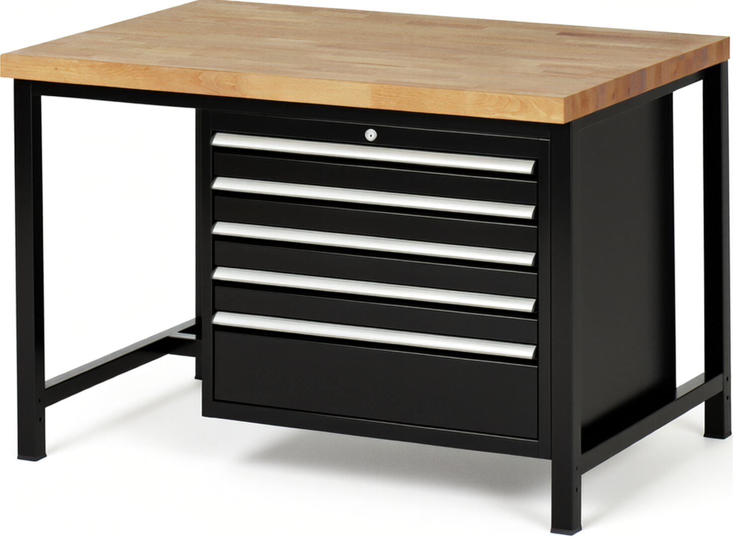 Werkbank Modell 8268 schwarz, BxTxH 1250x900x840 mm,  Buche-Massiv Arbeitsplatte 40 mm,  5 Schubladen mit  Auszug 90 %