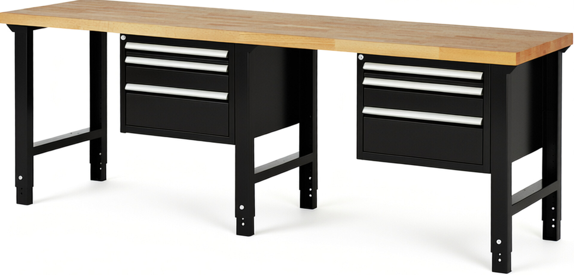 Werkbank Modell 7126 schwarz, BxTxH 2500x700x790-1140 mm,  Buche-Massiv Arbeitsplatte 40 mm,  6 Schubladen mit  Auszug 90 %