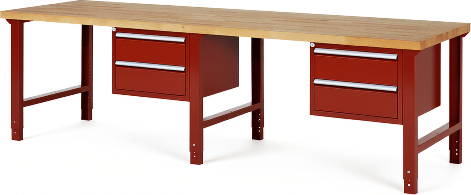 Werkbank Modell 7125 rot, BxTxH 3000x900x790-1140 mm,  Buche-Massiv Arbeitsplatte 40 mm,  4 Schubladen mit  Auszug 90 %