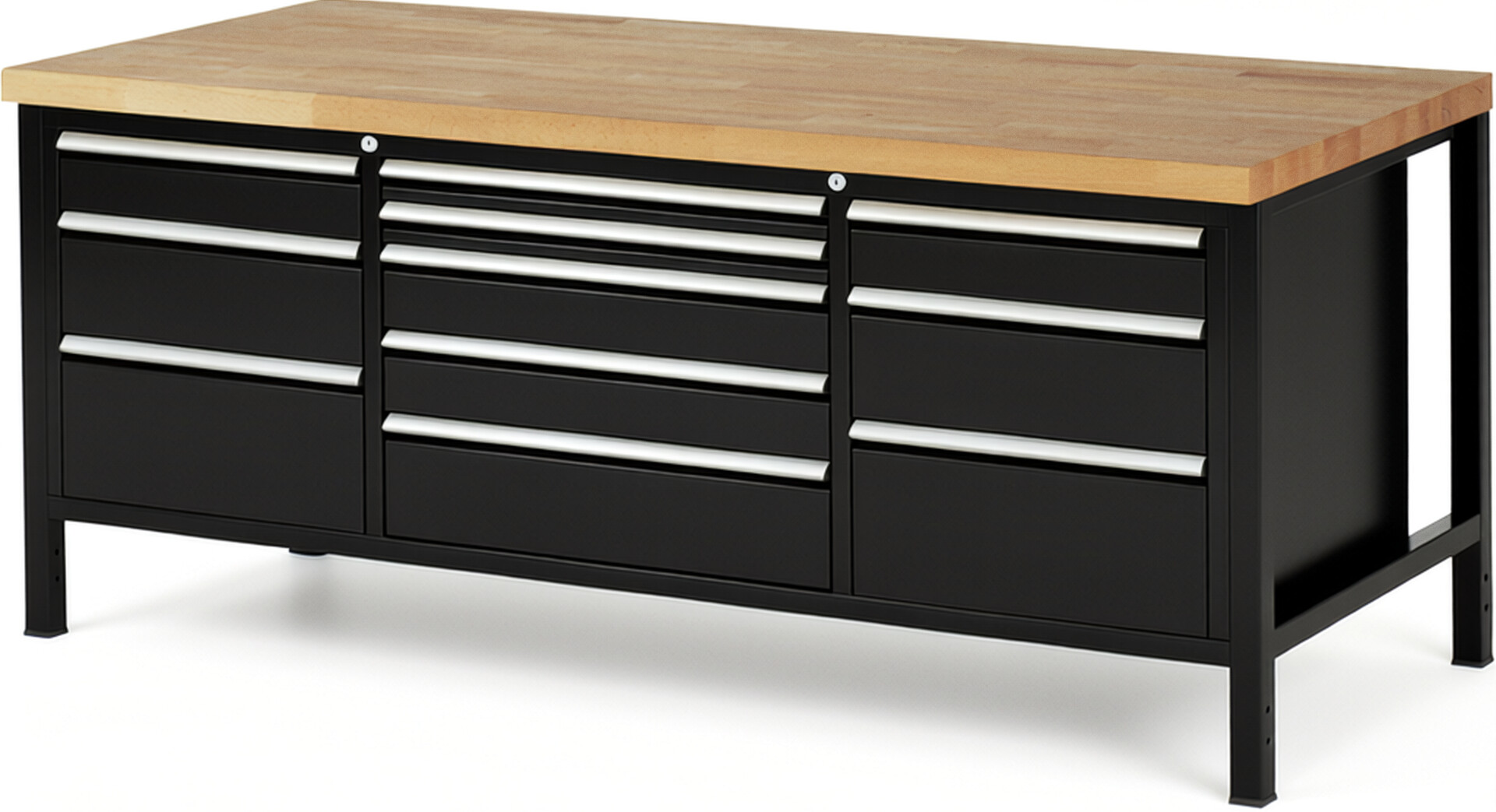 Werkbank Modell 8758 schwarz, BxTxH 2000x900x840 mm,  Buche-Massiv Arbeitsplatte 40 mm,  11 Schubladen mit  Auszug 90 %