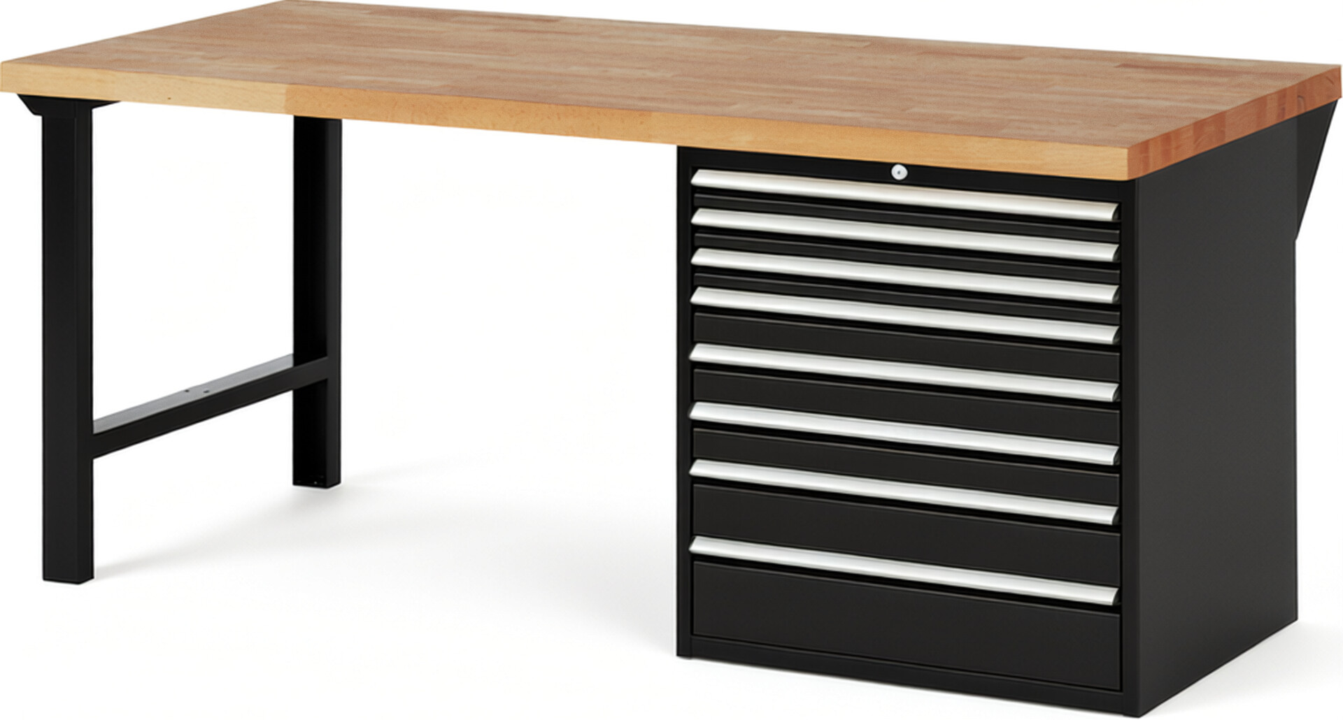 Werkbank Modell 7619 schwarz, BxTxH 2000x900x890 mm,  Buche-Massiv Arbeitsplatte 40 mm,  8 Schubladen mit  Vollauszug 100 % und  SoftClosing