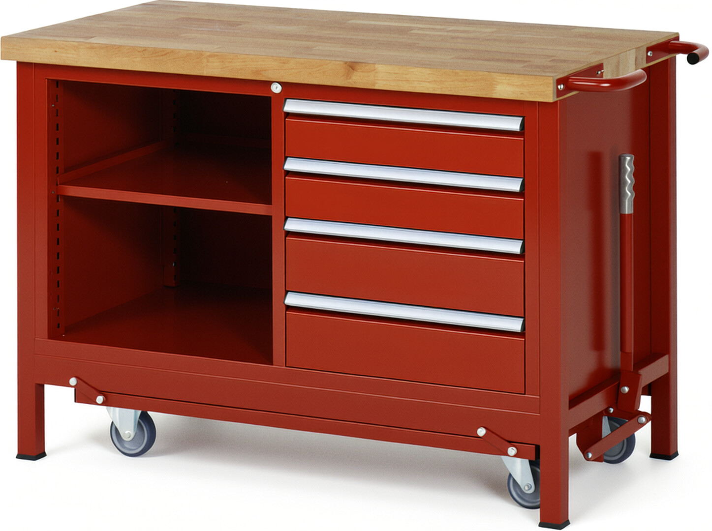 Absenkbare Werkbank Modell 8463 rot, BxTxH 1250x700x880 mm,  Buche-Massiv Arbeitsplatte 40 mm,  4 Schubladen mit  Auszug 90 %