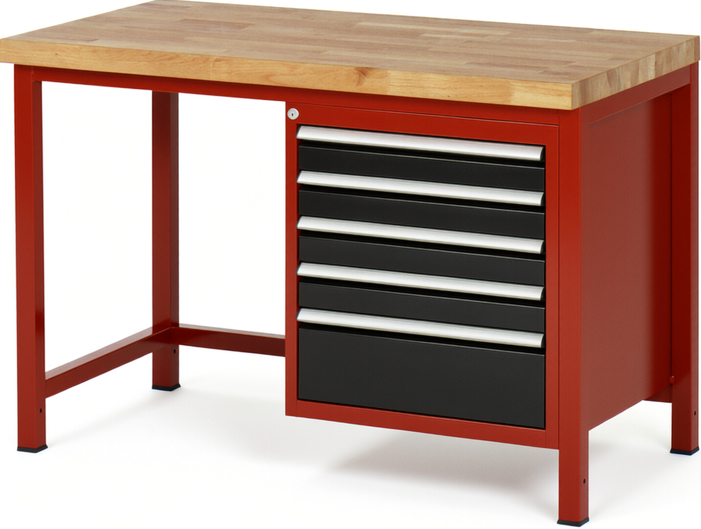 Werkbank Modell 8168 rot - schwarz, BxTxH 1250x700x840-1040 mm,  Buche-Massiv Arbeitsplatte 40 mm,  5 Schubladen mit  Vollauszug 100 % und  SoftClosing