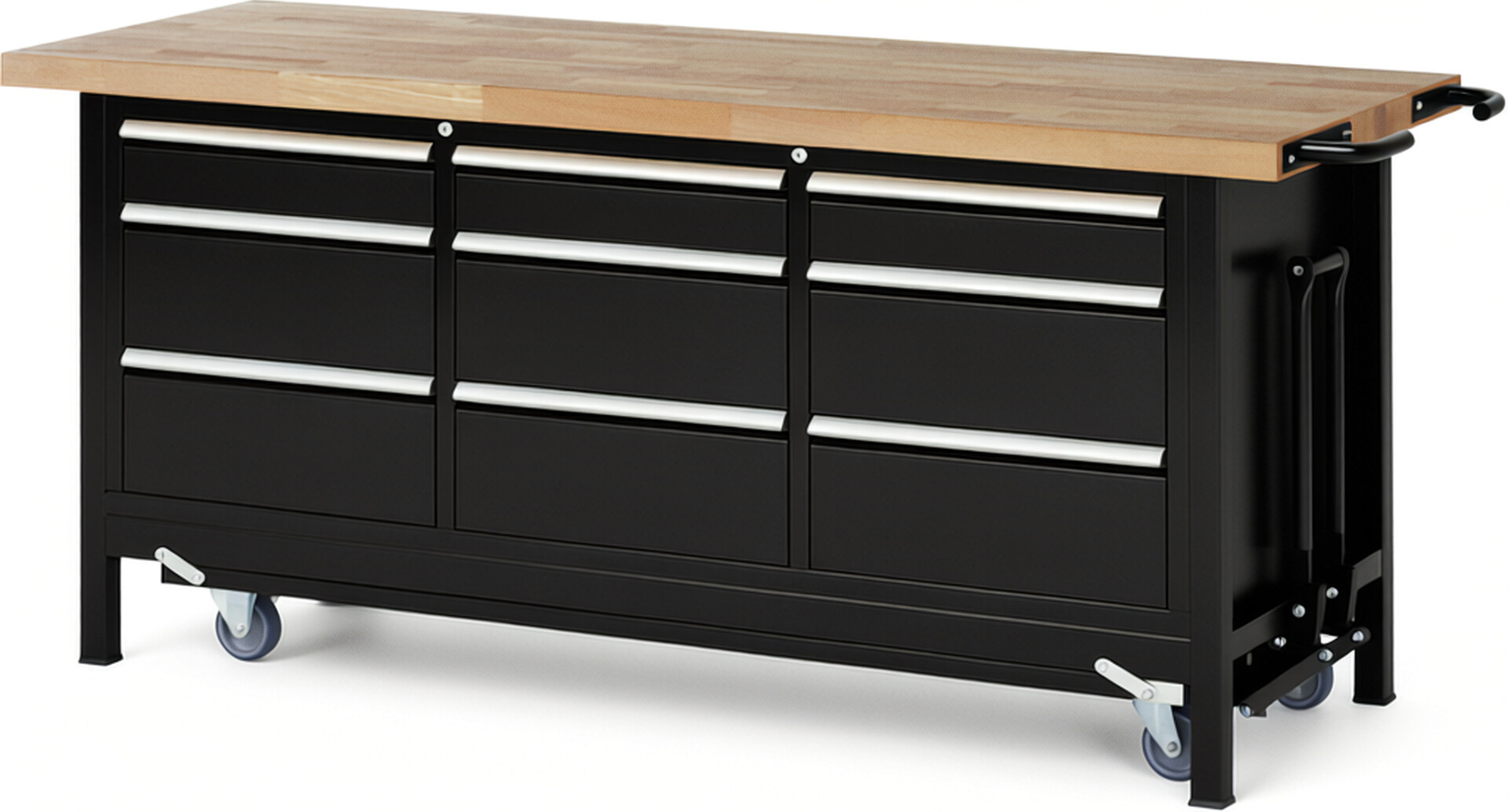 Absenkbare Werkbank Modell 8573 schwarz, BxTxH 2000x700x880 mm,  Buche-Massiv Arbeitsplatte 40 mm,  9 Schubladen mit  Auszug 90 %