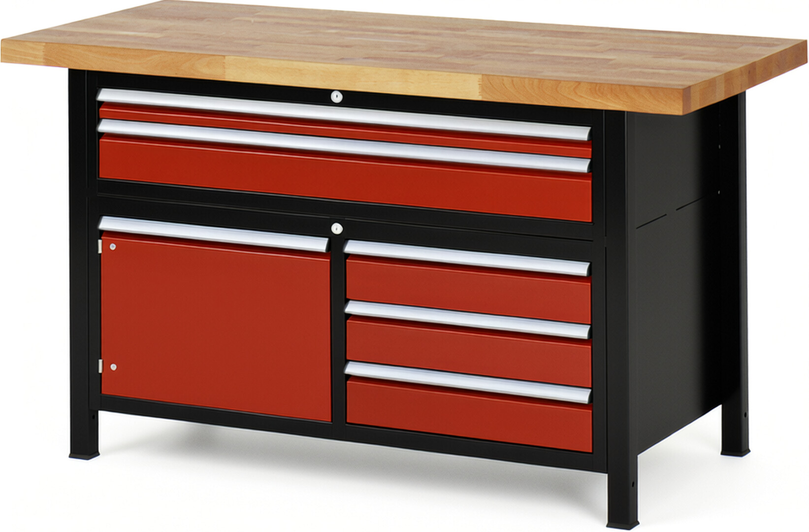 RAU Werkbank schwarz - rot - Breite 150 cm - Tiefe 70 cm - Höhe 104 cm - Buche-Massiv Arbeitsplatte 40 mm