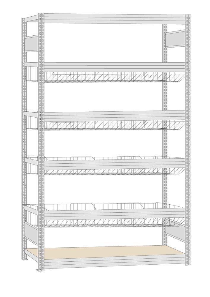 Kleinteileregal mit Gitterwannen, Grundfeld, BxTxH 875x400x2000 mm, 4 Ebenen mit Gitterwannen, 2 Ebenen mit Spanplattenboden, Fachlast 250 kg
