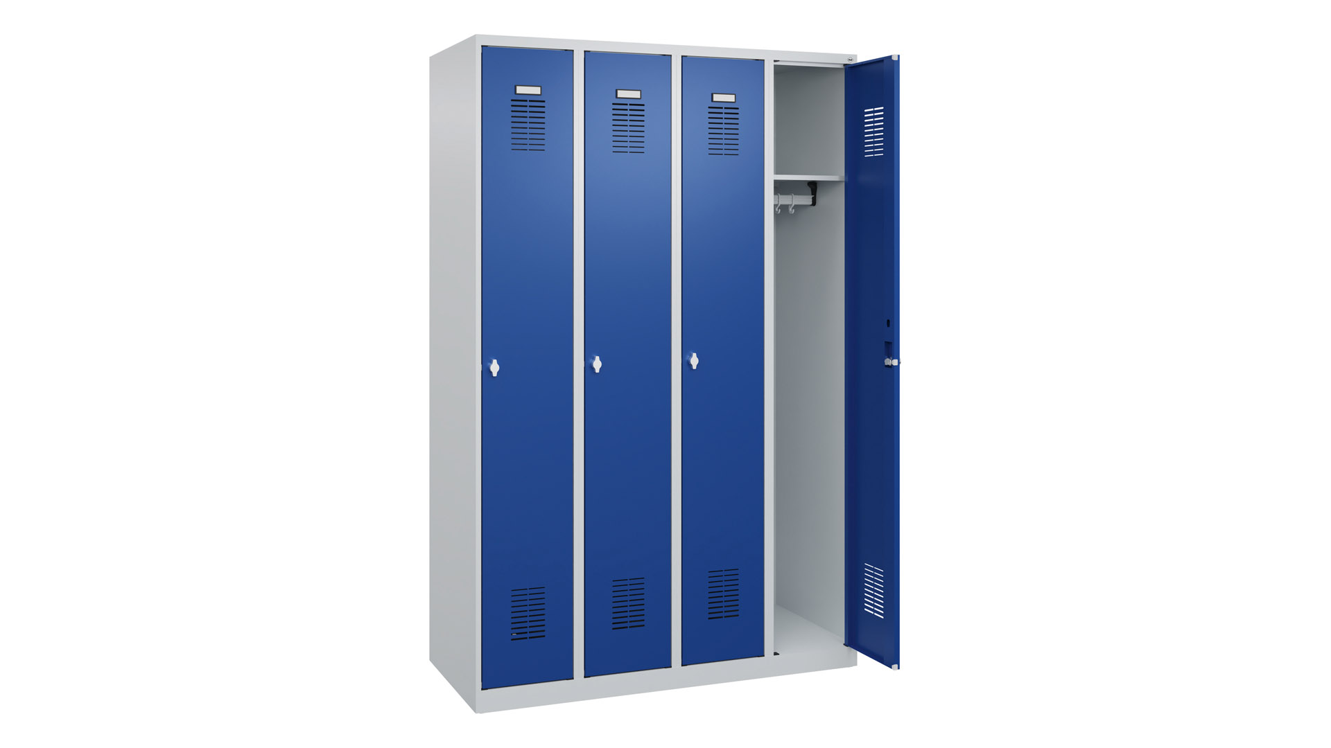 Garderobenschrank, Spind, Lüftungslöcher, bodenstehend, RAL 7035/5010, 4 Abteile je 300 mm breit, BxTxH 1200x500x1850 mm, Drehriegel