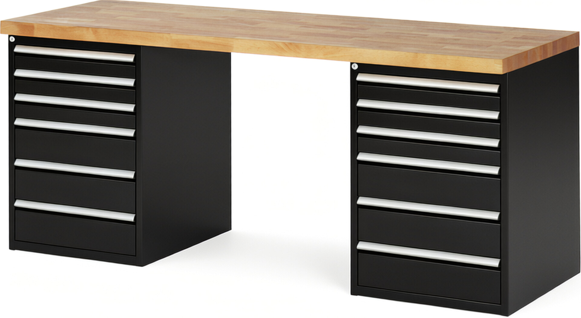 Werkbank Modell 7515 schwarz, BxTxH 2000x700x890 mm,  Buche-Massiv Arbeitsplatte 40 mm,  12 Schubladen mit  Auszug 90 %