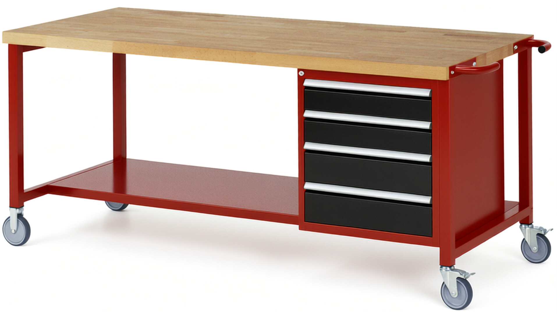 Fahrbare Werkbank Modell 8162 rot - schwarz, BxTxH 2000x900x880 mm,  Buche-Massiv Arbeitsplatte 40 mm,  4 Schubladen mit  Vollauszug 100 % und  SoftClosing