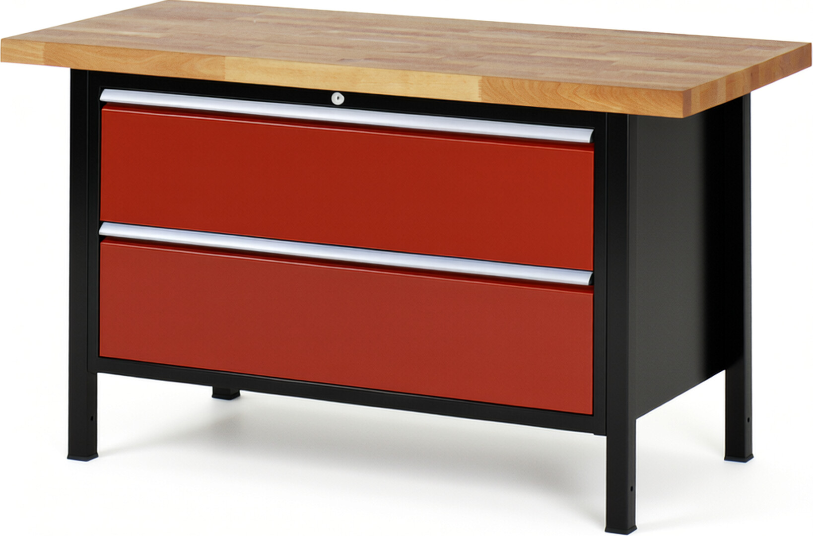 RAU Werkbank schwarz - rot - Breite 150 cm - Tiefe 70 cm - Höhe 104 cm - Buche-Massiv Arbeitsplatte 40 mm