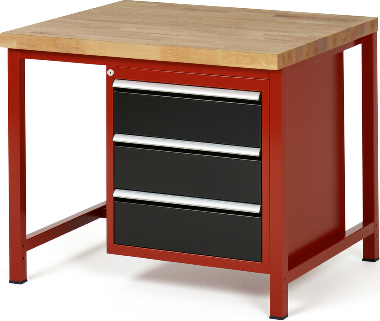 Werkbank Modell 8157 rot - schwarz, BxTxH 1000x900x840 mm,  Buche-Massiv Arbeitsplatte 40 mm,  3 Schubladen mit  Vollauszug 100 % und  SoftClosing