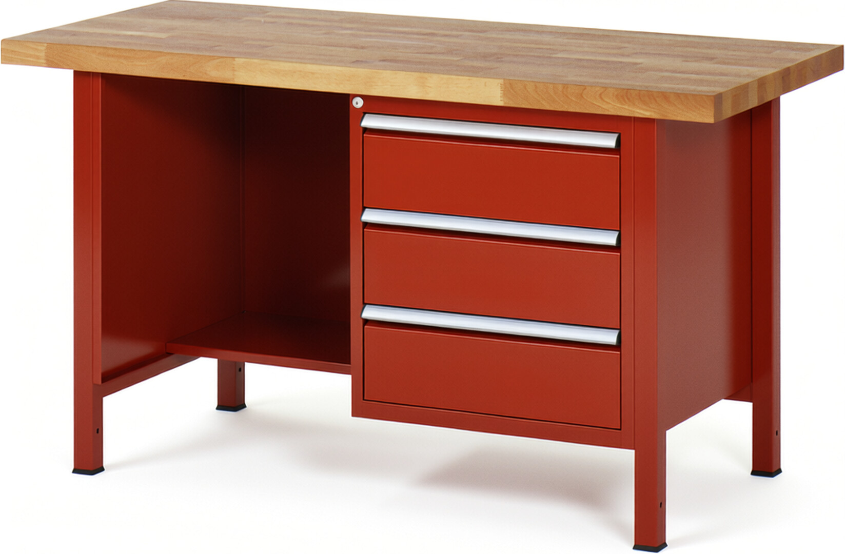 Werkbank Modell 8452 rot, BxTxH 1500x700x840 mm,  Buche-Massiv Arbeitsplatte 40 mm,  3 Schubladen mit  Auszug 90 %