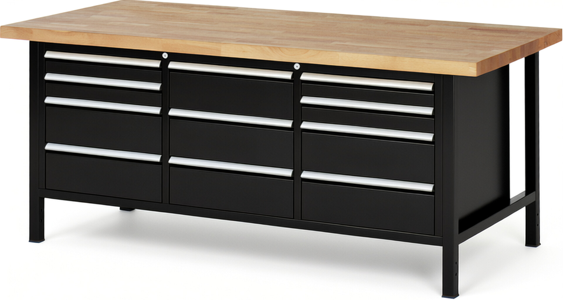 Werkbank Modell 8577 schwarz, BxTxH 2000x900x840 mm,  Buche-Massiv Arbeitsplatte 40 mm,  11 Schubladen mit  Auszug 90 %