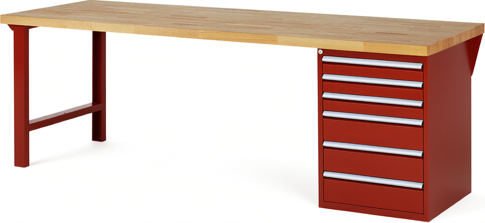 Werkbank Modell 7515 rot, BxTxH 2500x900x890 mm,  Buche-Massiv Arbeitsplatte 40 mm,  6 Schubladen mit  Auszug 90 %